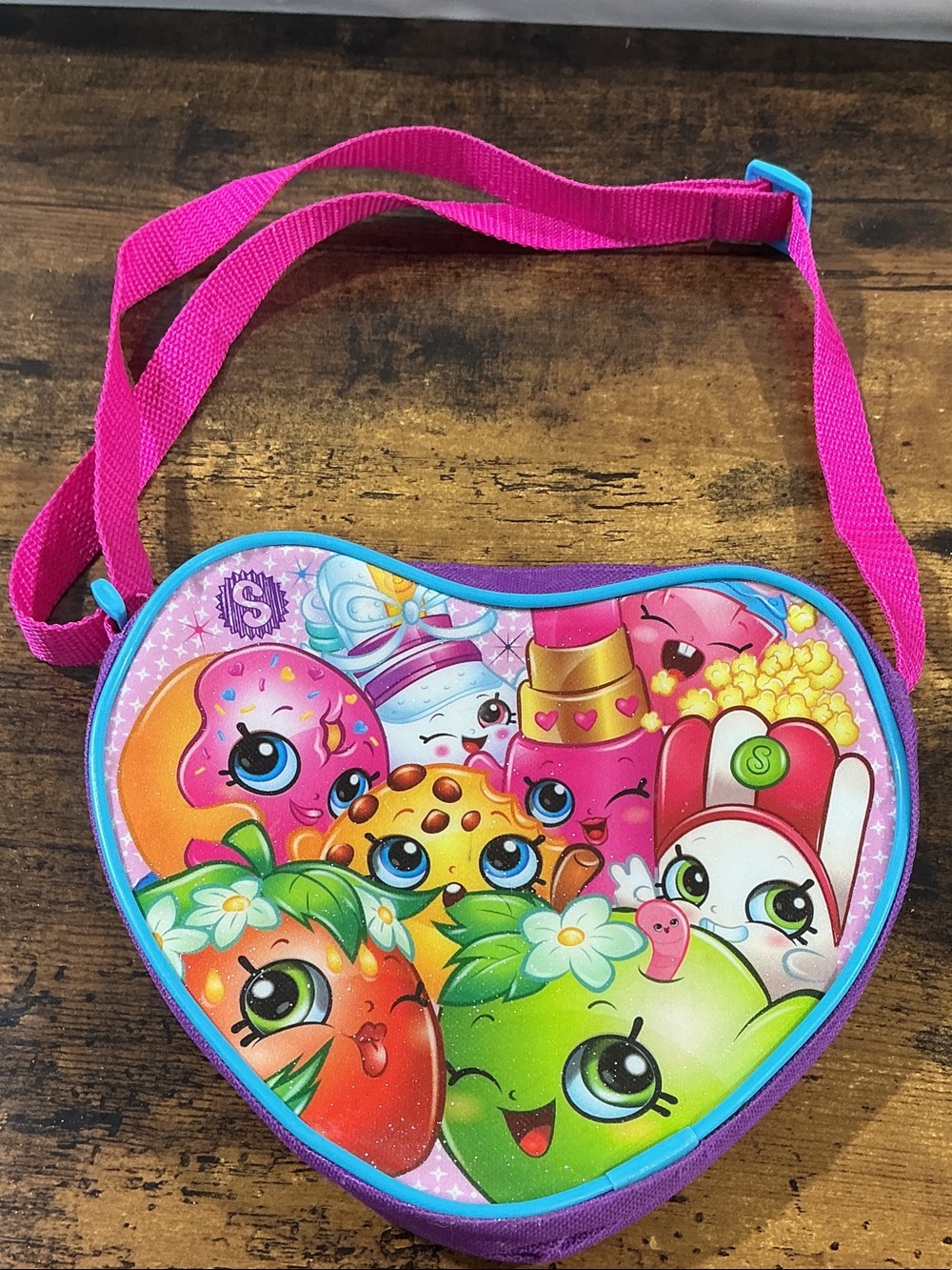 Shopkins Hot Pink Heart Crossbody Bag with Colorful Character Print